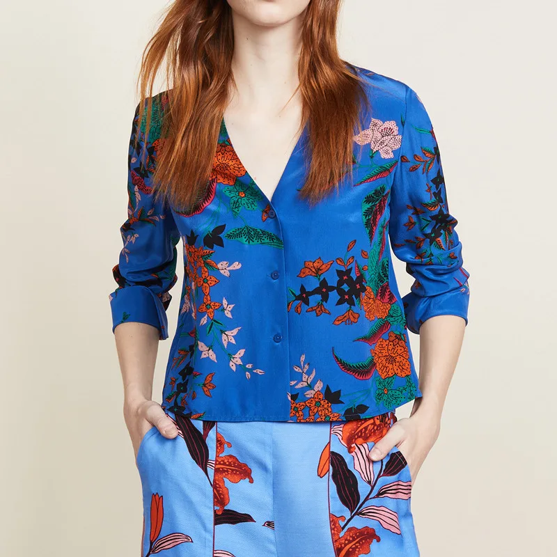

shirt New Female silk flower mulberry silk shirt jacket blue seal v neck long sleeve shirt loose