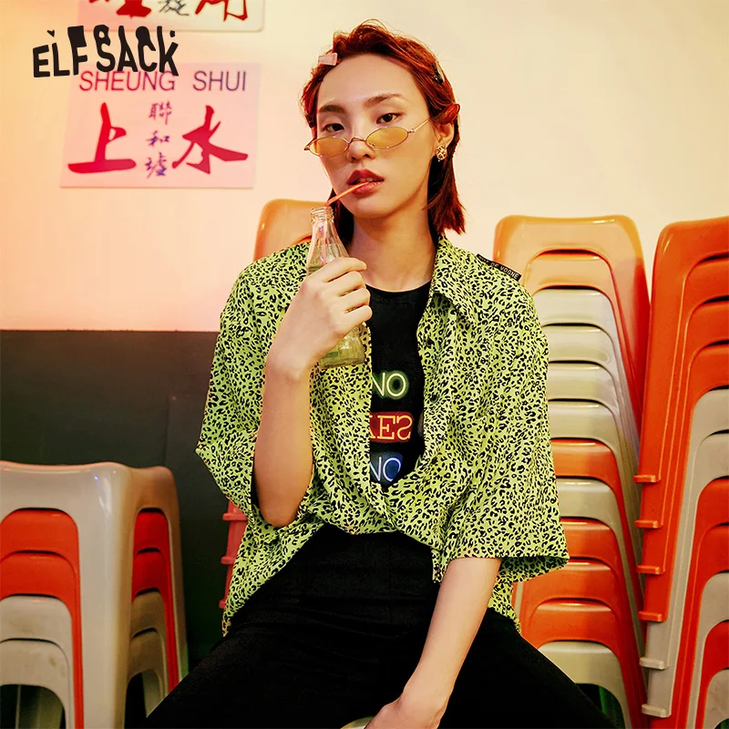 ELFSACK Sexy Leopard Women Shirts 2019 Autumn New Fashion Neon Yellow Female Bloouses Streetwear Vintage Casual Femme Tops | Женская