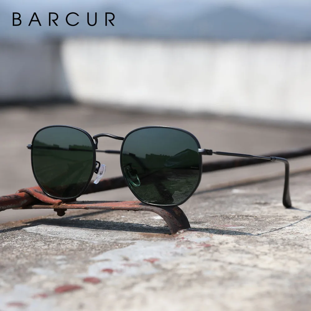 BARCUR Reflective Sunglasses Women Glass Lens Sun Glasses Men Stainless Steel Frame Eyewear Mirror Hexagon Oculos De Sol