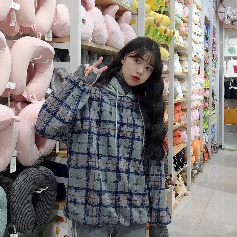 Harajuku флисовые кофты Женские клетчатые водолазки толстовки женские с длинным рукавом Повседневные Большие размеры пуловер с капюшоном одежда толстовка