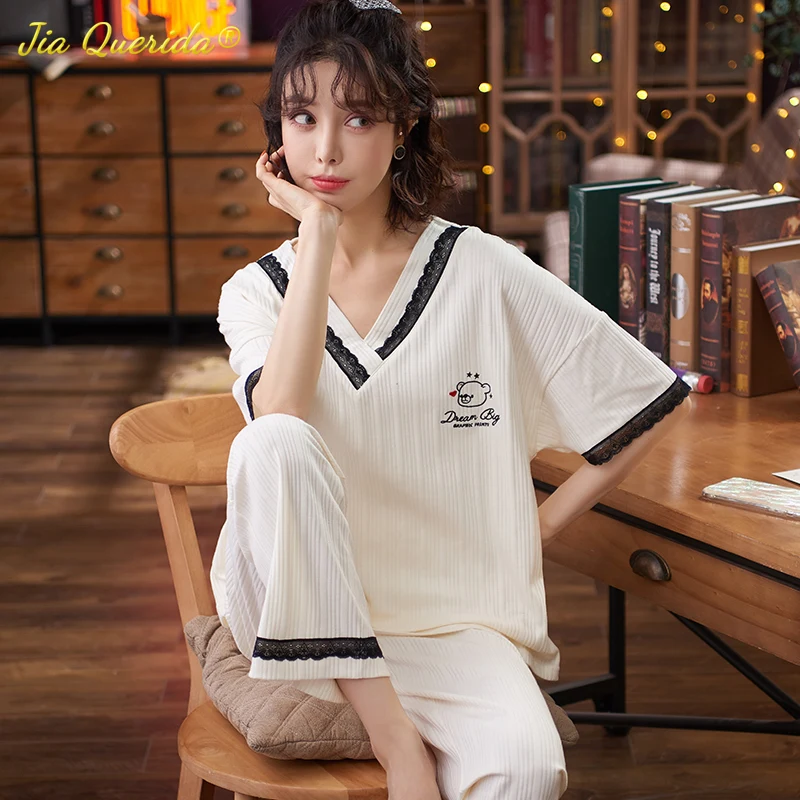 

Plus Size Women's Pajamas Short Sleeved Long Pants Summer Autumn Home Clothing Chic Lace Trim Embroidery Texture Cotton 3xl 4xl