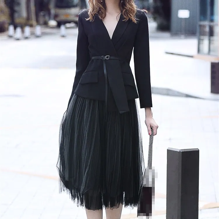 Женский черный комплект из двух предметов Осенний ассиметричный пиджак с