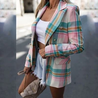 women plaid printing blazers double breasted long sleeve notched blazer pockets slim office lady elegant tops casual autumn 2021