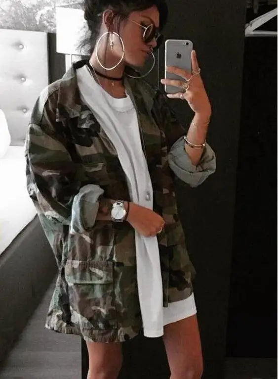 

Streetwear Women Camouflage Printing Jackets 2020 Autumn Hottest Lady's Turn-down Collar Full Sleeve Single-breasted Loose Coats