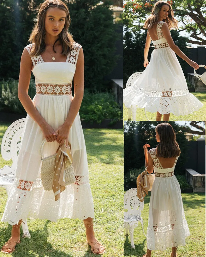

Donsignet Spring Summer New Fashion Long Dress Lace Spliced Swing Dresses for Women Solid Sleeveless Woman Dress