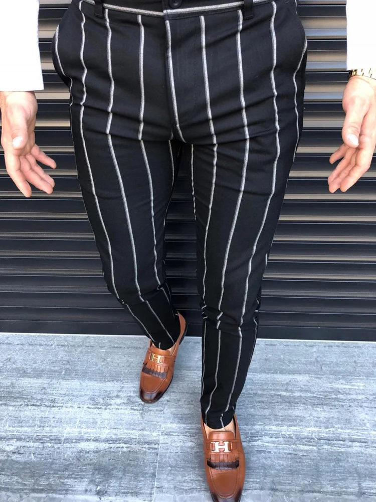 Роскошные мужские формальные полосатые брюки Slim Fit повседневные деловые офисные длинные брюки Умные повседневные узкие брюки новинка осень зима
