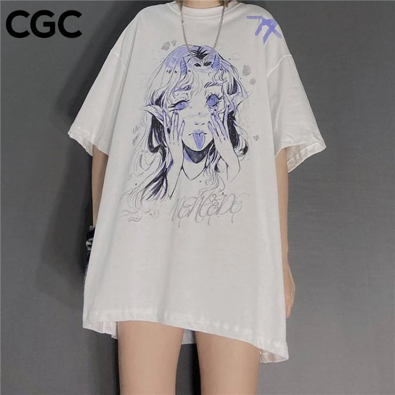 

CGC Summer Cute Anime Woman T-shirts Fashion Kawaii Cartoon Printing Oversized T-shirt 100% Cotton Top Female Short Sleeve Tee