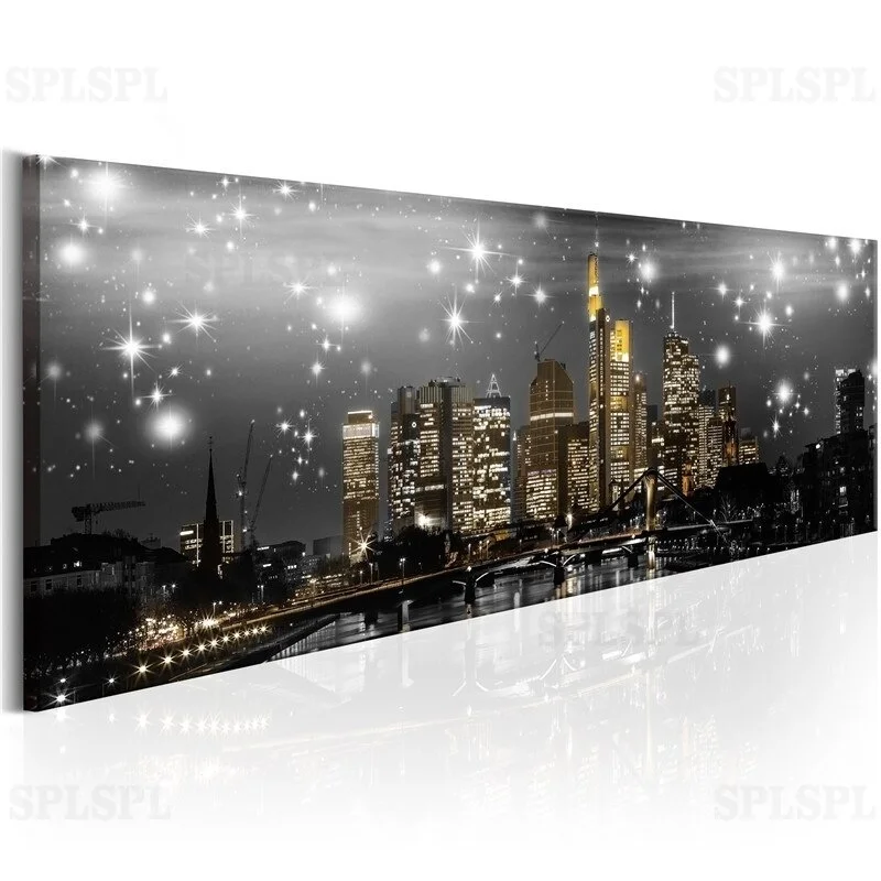 

Modern Night Scene Wall Art City Building Canvas Painting Landscape Prints and Posters Pictures for Living Bedroom Home Decor