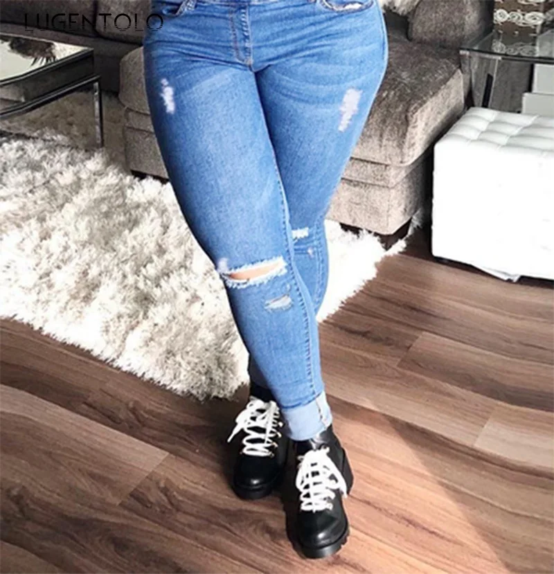 

Lugentolo Overalls Jeans Women Early Spring Trousers with Holes Ripped Slim Tight Denim Casual Female Street Long Pencil Jenas