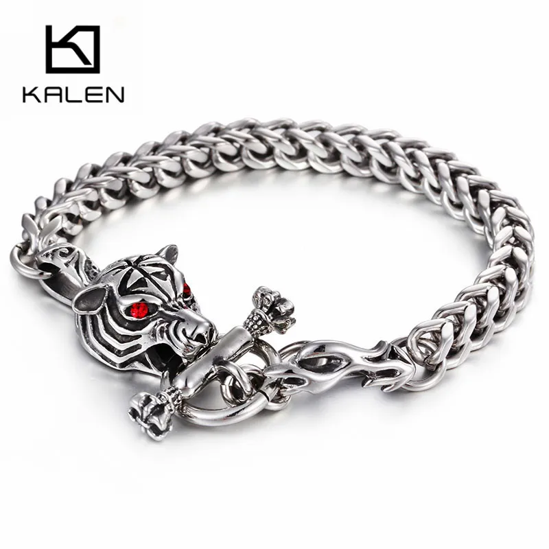 

KALEN High Polished Stainless Steel Link Chain Red Eyes Tiger Head Charm Bracelet For Men Gothic Men's Animal Jewelry Accessory