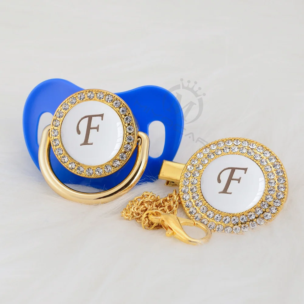 

MIYOCAR lovely elegant bling pacifier and pacifier clip set name Initials letter F unique BPA free dummy bling LF-W