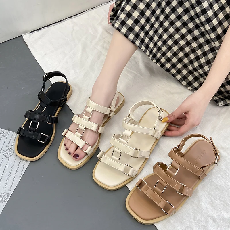 

Roman Sandals Comfort Shoes for Women 2021 Summer Clear Heels Suit Female Beige Gladiator New Fashion Flat Black Girls Low Rubbe