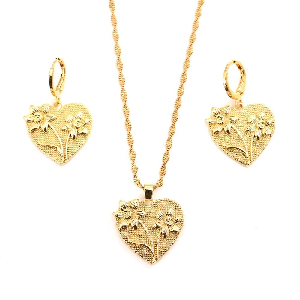 

Love France RD Charm Pendant Earring Flower Heart 18 k Yellow Fine THAI BAHT G/F Solid Gold Dangling Set Jewelry