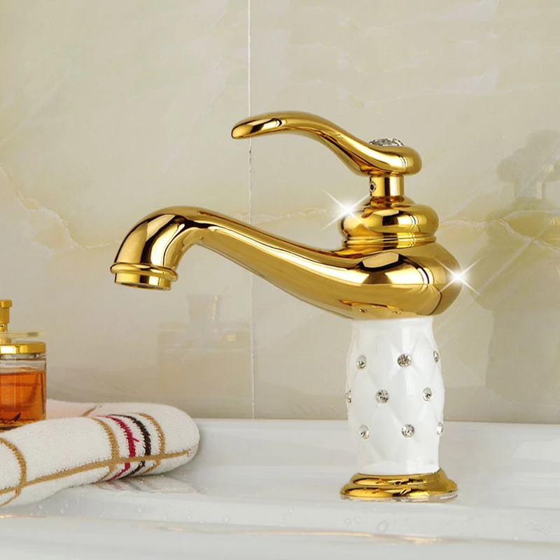 Fashion Solid Brass Golden Plated White ceramic with Diamond Basin Mixer Taps Deck Mounted Sink Faucet G1079 | Обустройство дома