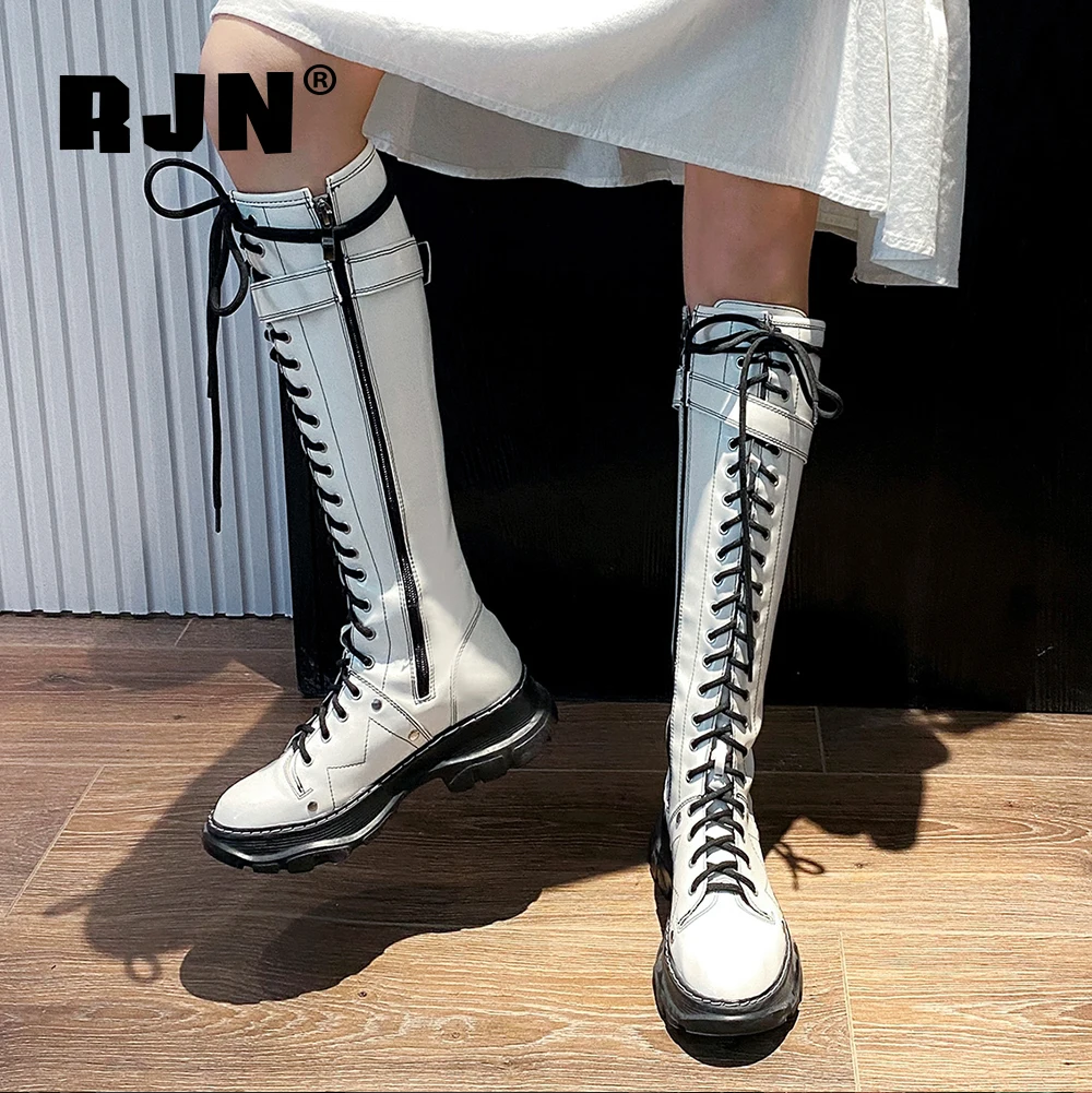 spesifikasi RJN Kasual Platform Putaran Kaki Sepatu Bot Sabuk Gesper Kulit Asli Buatan Tangan Renda-Up Sepatu Wanita Bergaya Lutut Sepatu Bot Tinggi RO230