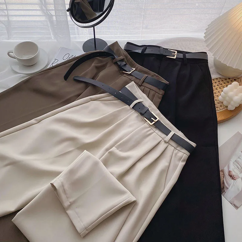 

With Sashes Ankle-Length Suit Pants 2021 Korean Autumn Women High Waist Casual Trousers Office Ladies Work Leisure Harem Pants