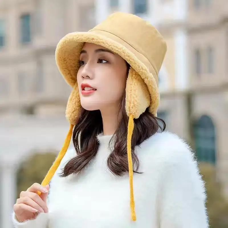 

Lamb Hair Fisherman Hat Fur Warm Female Hat Ear Protection Men and Women Bucket Hat Outdoor Leisure Panama Hat Casquette