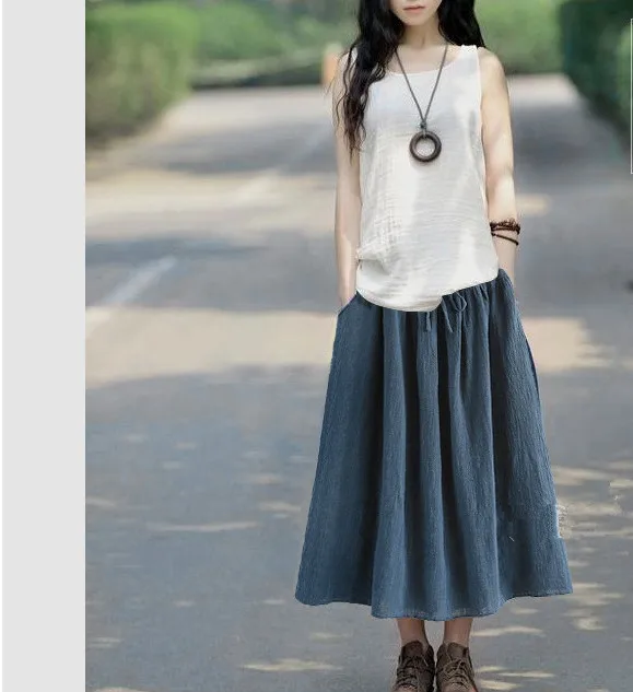 Ретро 2020 Новая женская хлопковая льняная длинная юбка макси в китайском стиле