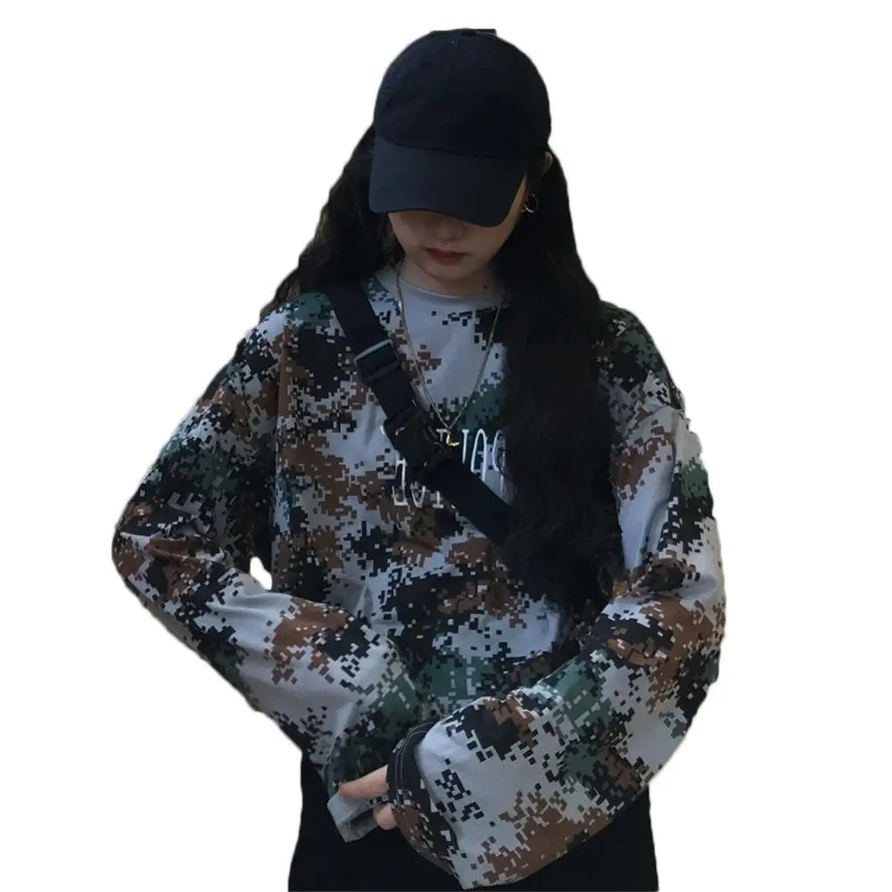 

Women Casual Long Sleeve O Neck Blouse Letters Print Camouflage Loose T-shirt