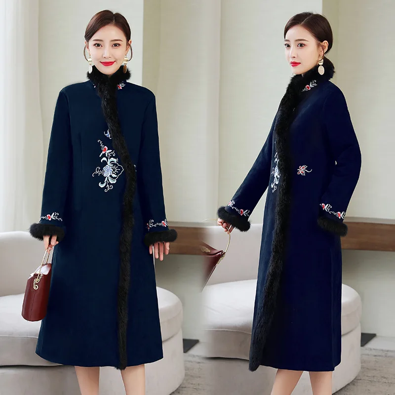 Retro Womens Chinese Style Long Parka Coat Embroidered Jacket Faux Fur Outwear