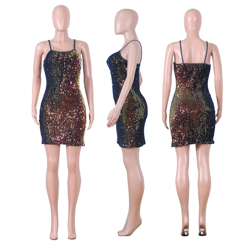 Sexy Spaghetti Straps Sequin Dress Party Slinky Bodycon Mini Dresses Woman Night Backless Plus Size 2XL | Женская одежда