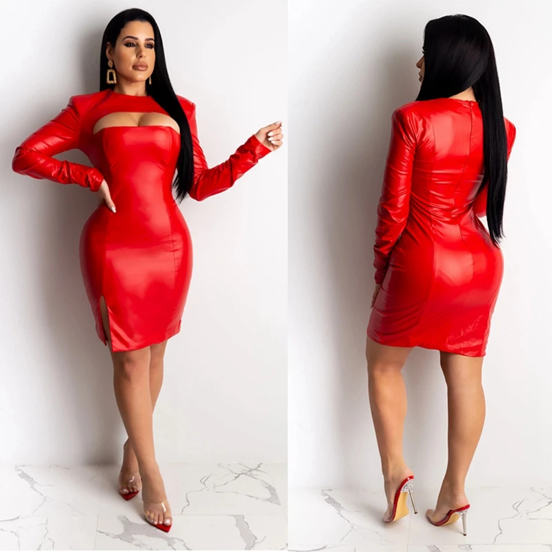 Женское Короткое платье из искусственной кожи черное облегающее большого