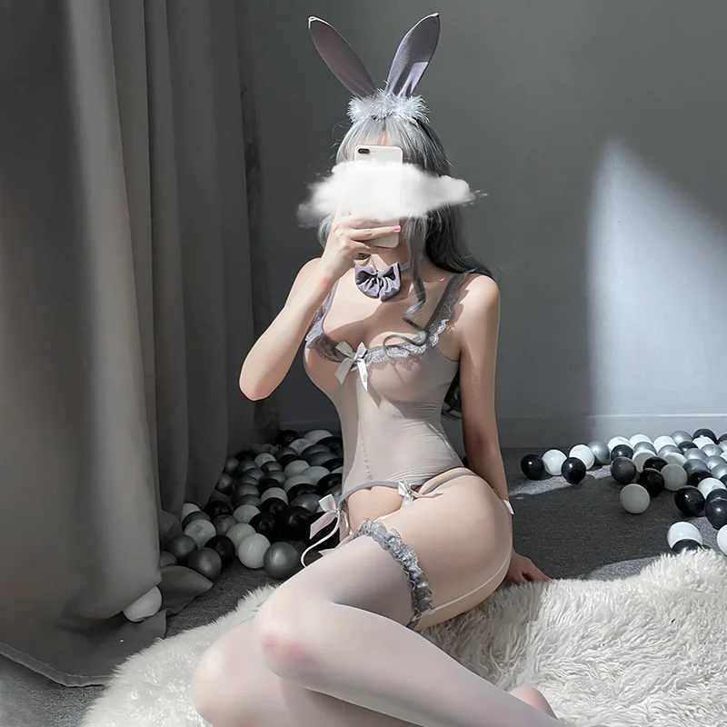 

Cute Rabbit Tail Transparent Bodysuit Women See Through Siamese Stockings Garter Sex Set Sexy Lolita Bunny Girl Cosplay Costume