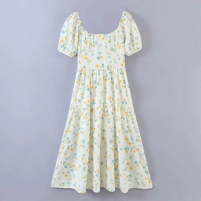 Été femmes Robes Floral Imprimé Princesse Robe Midi À Manches Bouffantes Taille Haute Robes Mujer Plage Sexy À Lacets robe Lâche