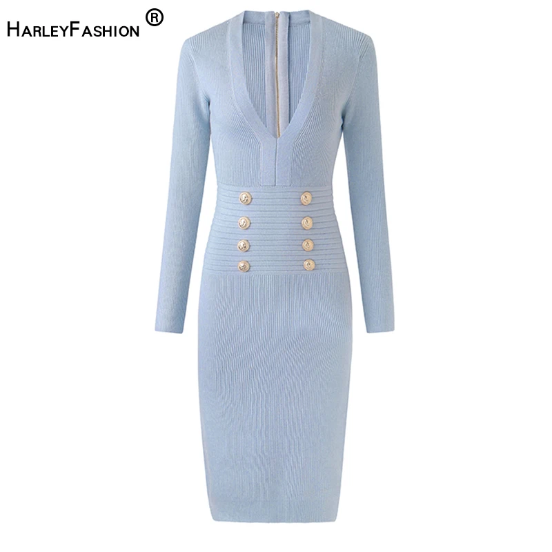 Женское винтажное вязанное платье с v-образным вырезом и длинным рукавом