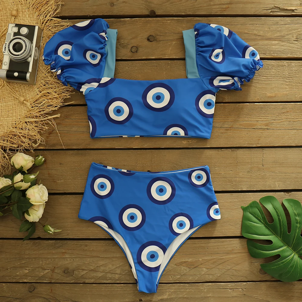 Сексуальный комплект бикини и рубашка купальник с принтом голубого