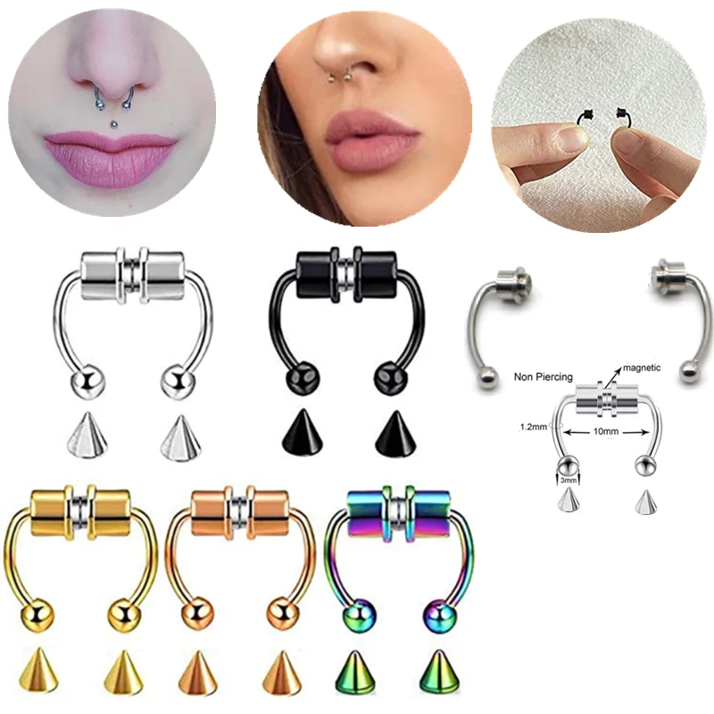 

1PCS Stainless Steel Fake Nose Piercing set Septum Magnetic Fake Nose Piercing Clip On Non Piercing Nose Hoop Septum Ring Lot