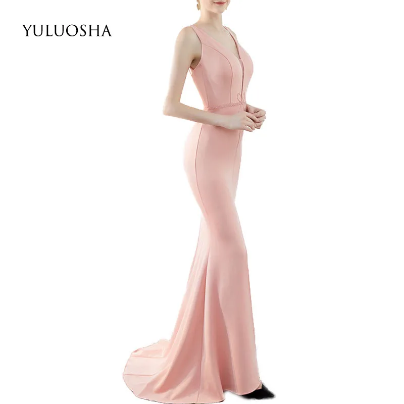 

YULUOSHA Sexy Evening Dresses Long Sashes V-Neck Satin Lace Sleeveless Floor-Length Special Occasion Dresses Vestidos Elegantes