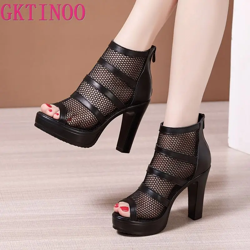 

GKTINOO 2022 Peep Toe Sandal Boots Mesh Summer Heels Women's High Heeled Platform Shoes Hollow out Square Heel Back Zip Black