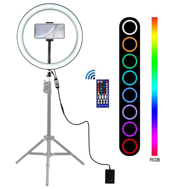 

Светодиодная кольцевая лампа со штативом, осветитель для камеры, 12 дюймов, LED RGB для селфи, подходит для Youtube, макияжа