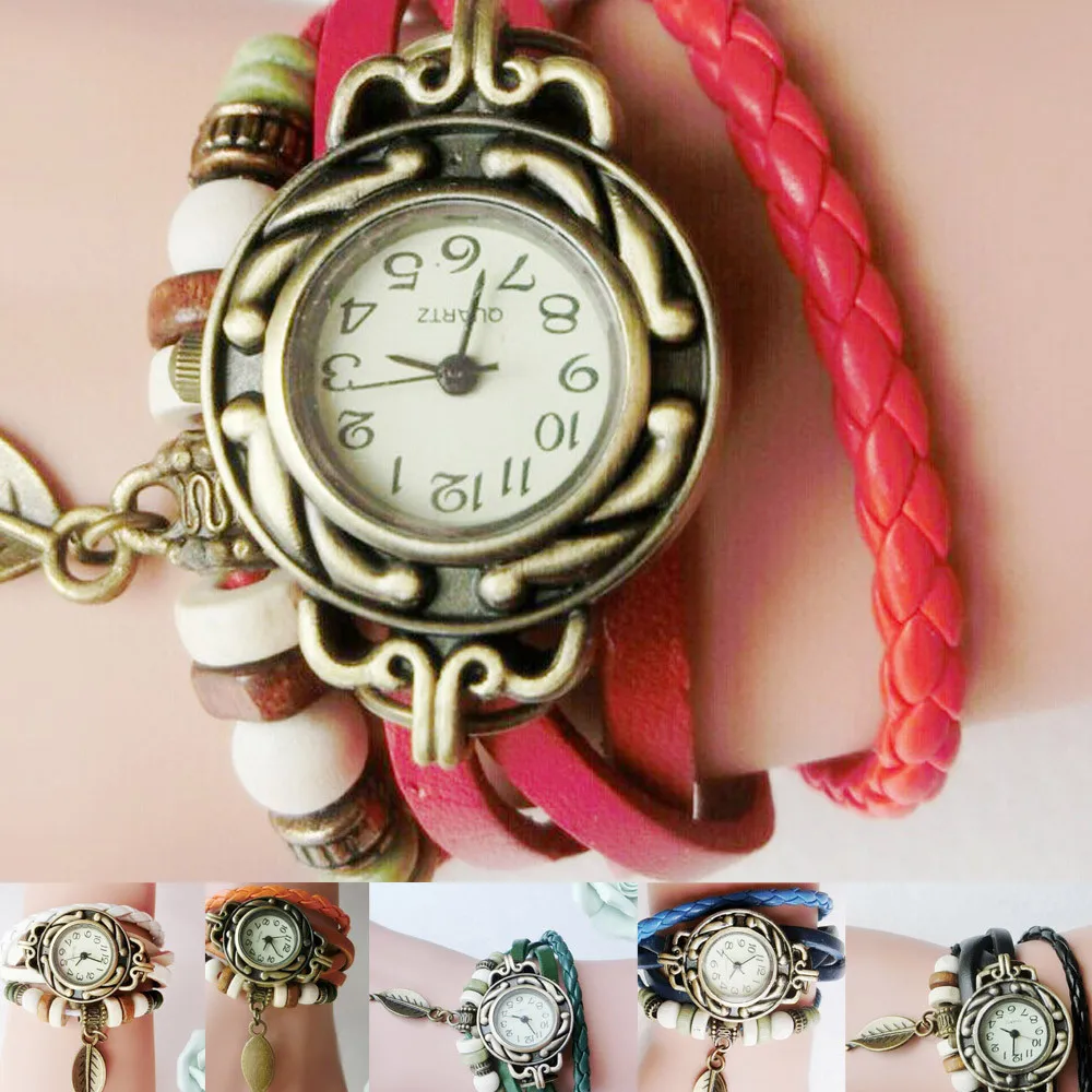 

Hot Fast 2021 Women Children Retro LeatherWinding Bracelet Leaf Pendant Watch Quartz Wrist Watches Women Valentine Gift