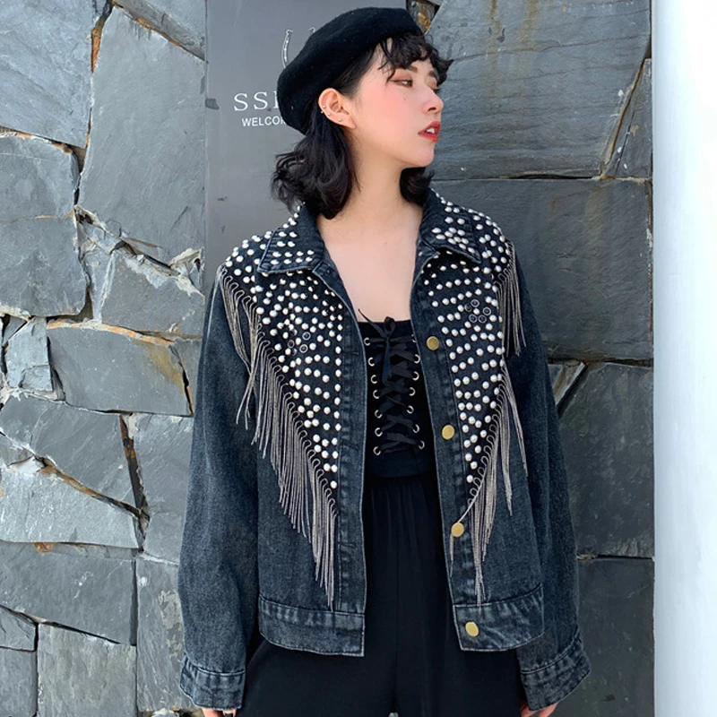 Женские джинсовые куртки в Корейском стиле с отложным воротником и кисточками