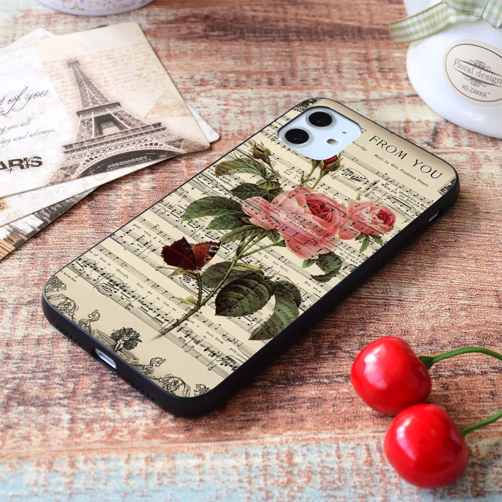

For iPhone Botanical print on vintage music sheet-A rose from you soft TPU border Apple iPhone Case