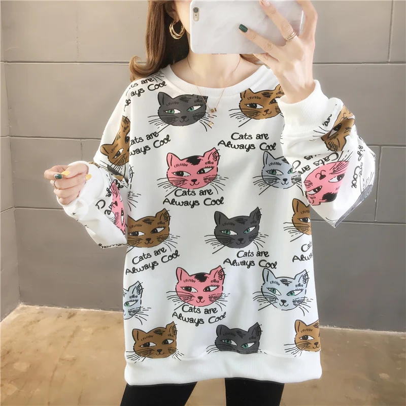 Толстовка с принтом животных Kawaii Cat женская одежда Весенняя хлопковая свободная