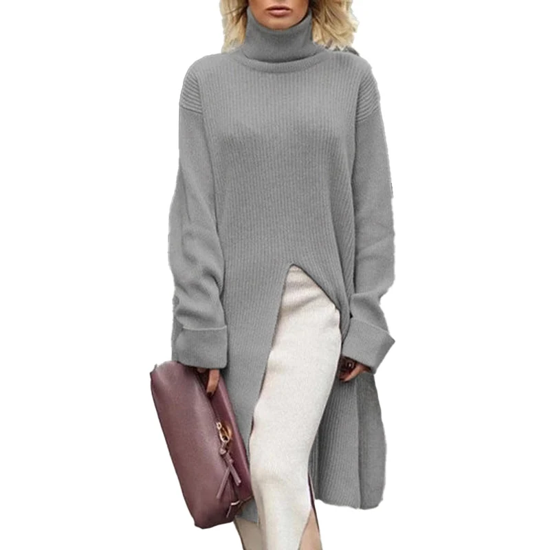 

Fashion Women's Dress With High Collar Casual Long Sleeve Solid Color Pullover Sexy Split Long Knitting Sweater 2021