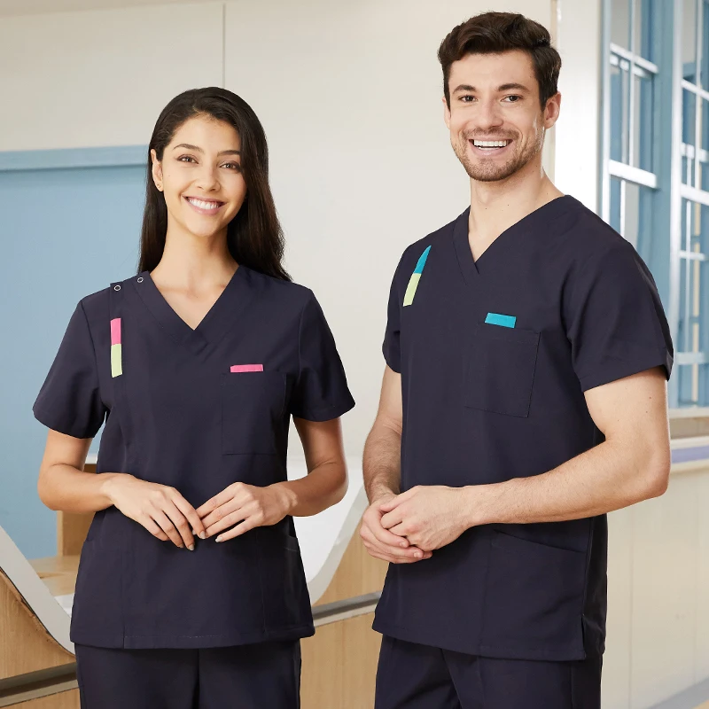 Uniforme de enfermera con cremallera para hombre y mujer, conjunto de ropa de trabajo, pantalón esencial, uniformes de enfermería con cuello en V, uniformes de trabajo, N-L1-2