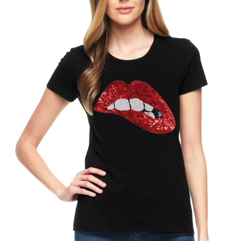 Женские летние топы модные сексуальные футболки с блестками и вышивкой губ