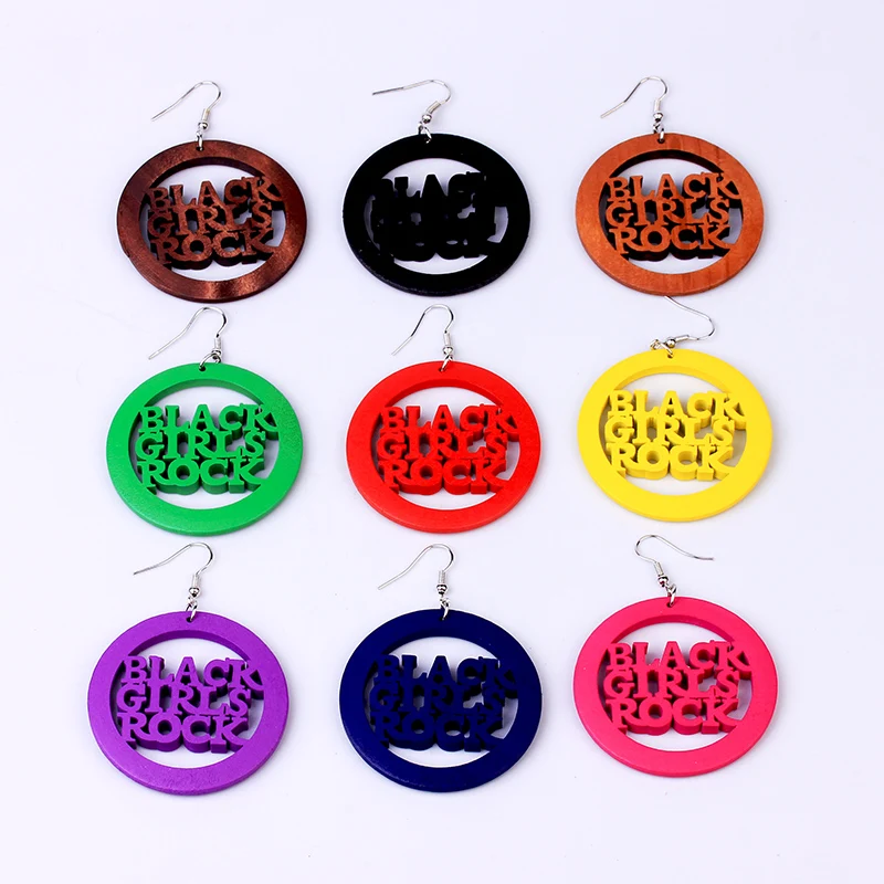 Круглые этнические деревянные серьги массивные черные подвески с буквами для