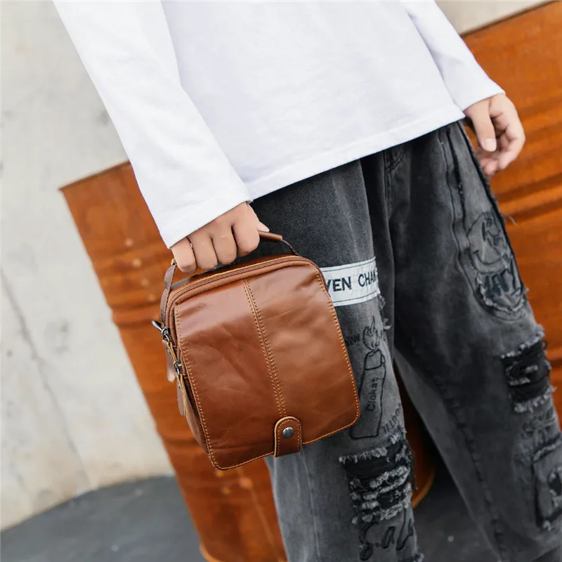 

Retro fashion high quality natural real leather men small mini handbag outdoor daily weekend mobile phone shoulder messenger bag