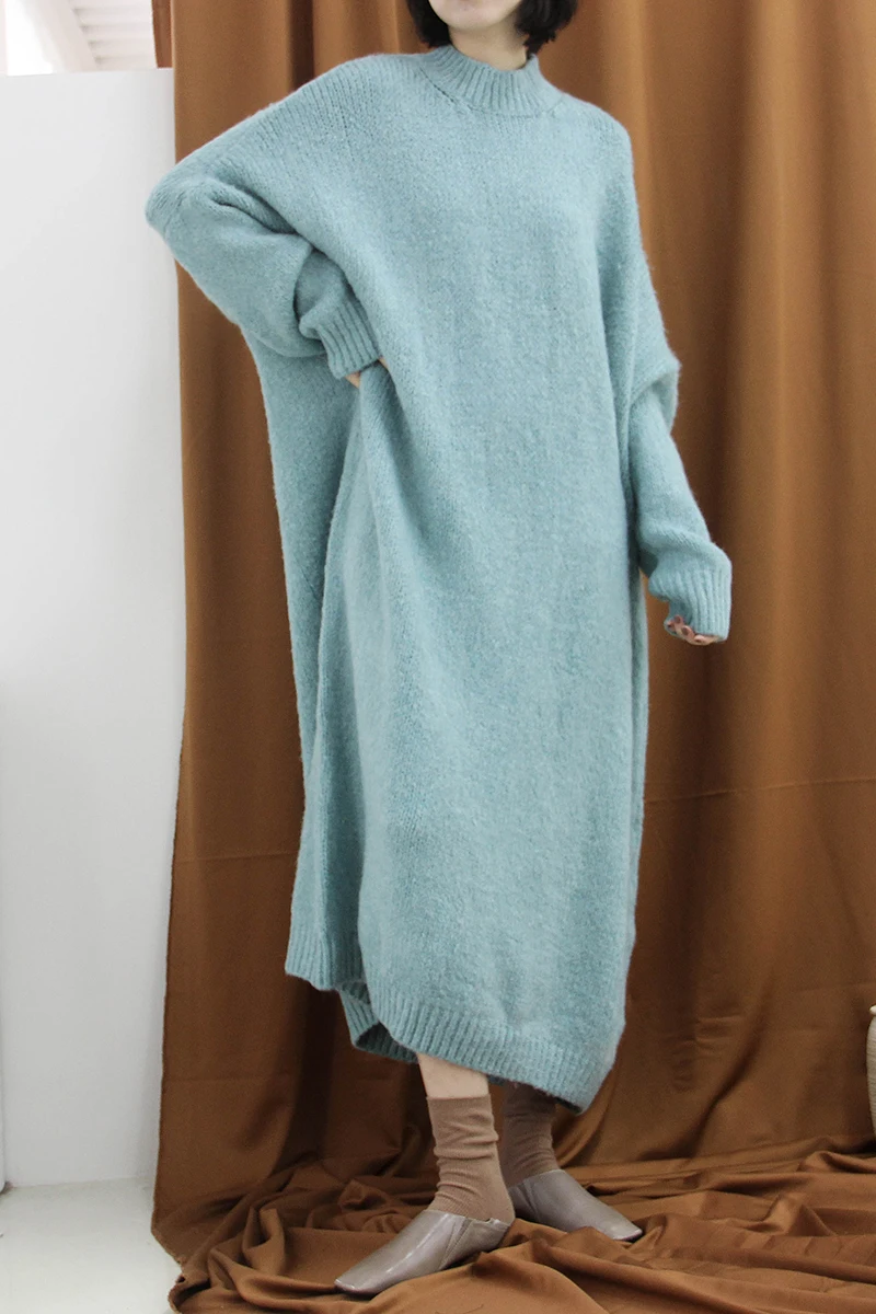 

European design high fashion long sweater over knee dress loose cozy female cloths A68
