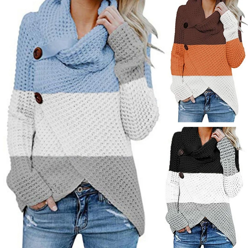 

Women Long Sleeve Chunky Striped Sweater Turtle Cowl Neck Asymmetric Jumper Top MXMA