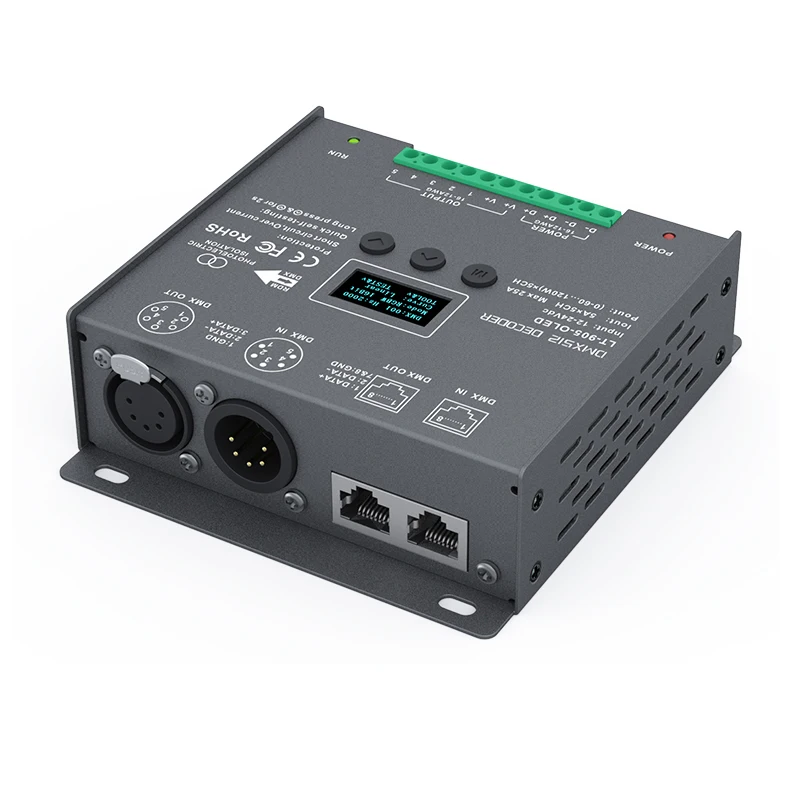 Nuovo DC12-24V del decodificatore del Led DMX512 di LTECH; 5A * 5 canali 25A massimo 600W DMX/RDM RGB RGBW striscia Controller XLR-5 / RJ45 Port OLED