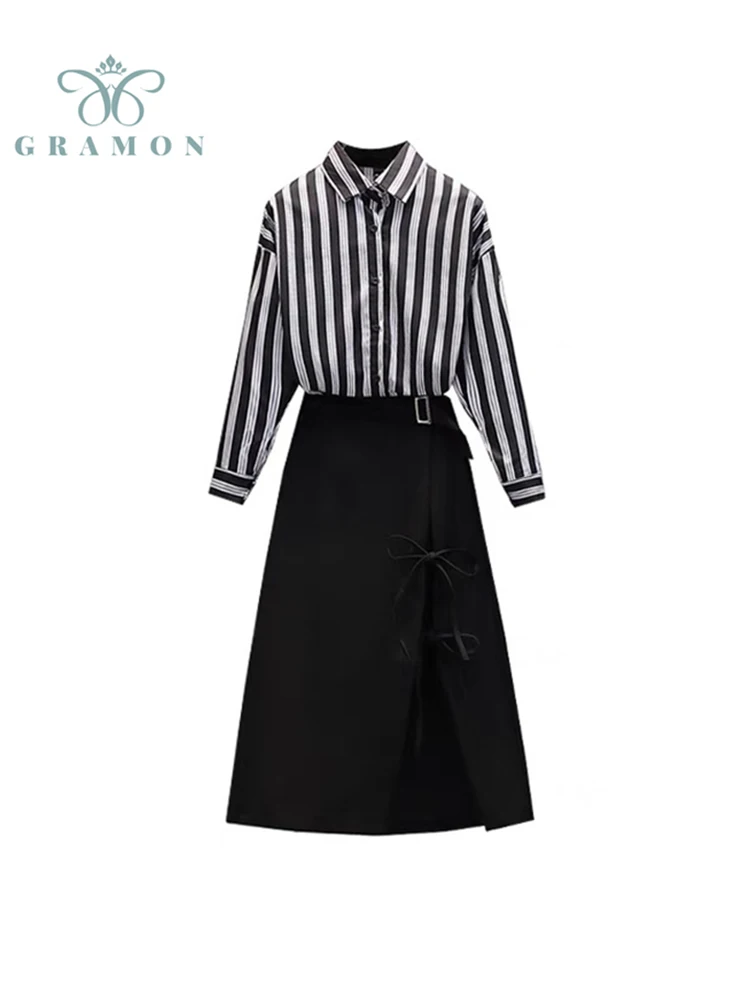 

Two Piece Sets Women Striped Long Sleeve Polo Shirt + Slit Bow Solid Color A-line Skirt Office Lady Lager Size Spring Autumn New
