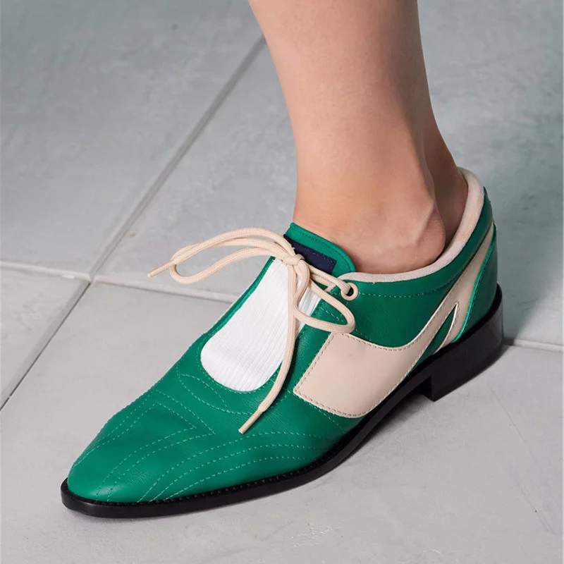 

Casual Summer Flats Cow Genuine Leather Low Heel Color Matching Lace Up Flat Bottom Comfortable Single Brogue Shoes