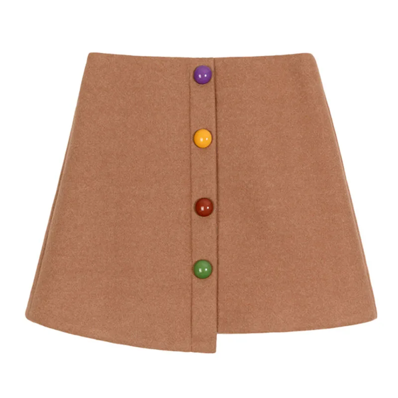 

PERHAPS U Women Blended Skirts A-Line Solid Mini Short Autumn Winter Chic Elegant Zipper Black Khaki Colorful Button Think S0250