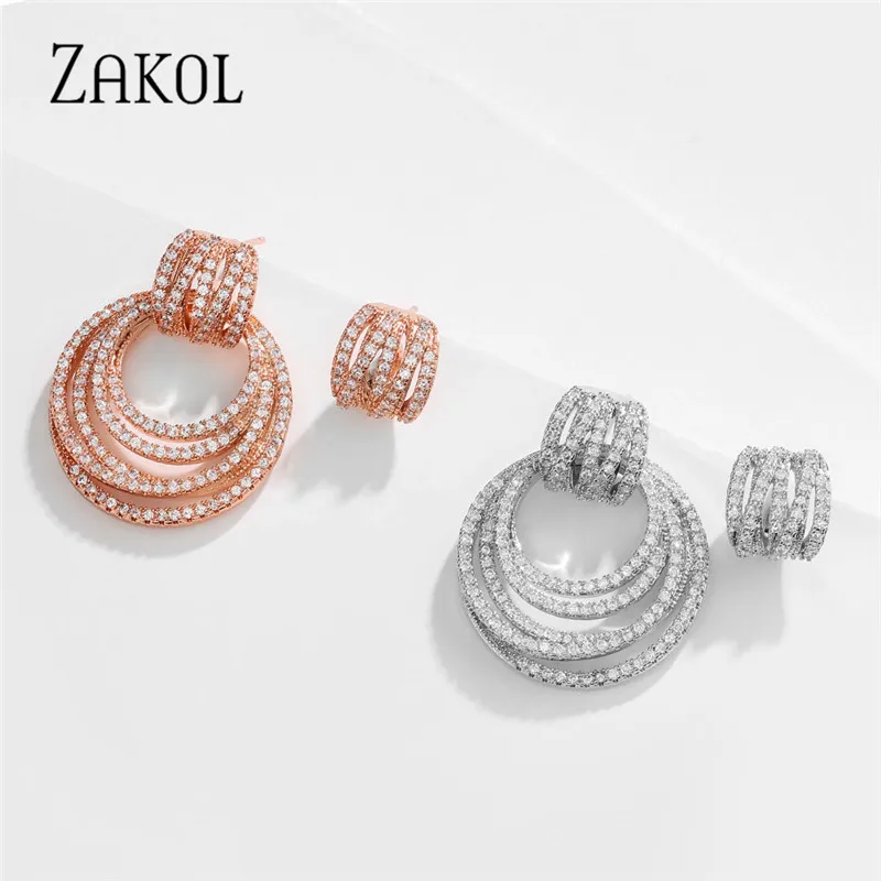 

ZAKOL Newest Fashion Cubic Zirconia Asymmetry Dangle Earrings for Women Girl Luxury Big Circle Ear Jewelry Party Gift FSEL1167